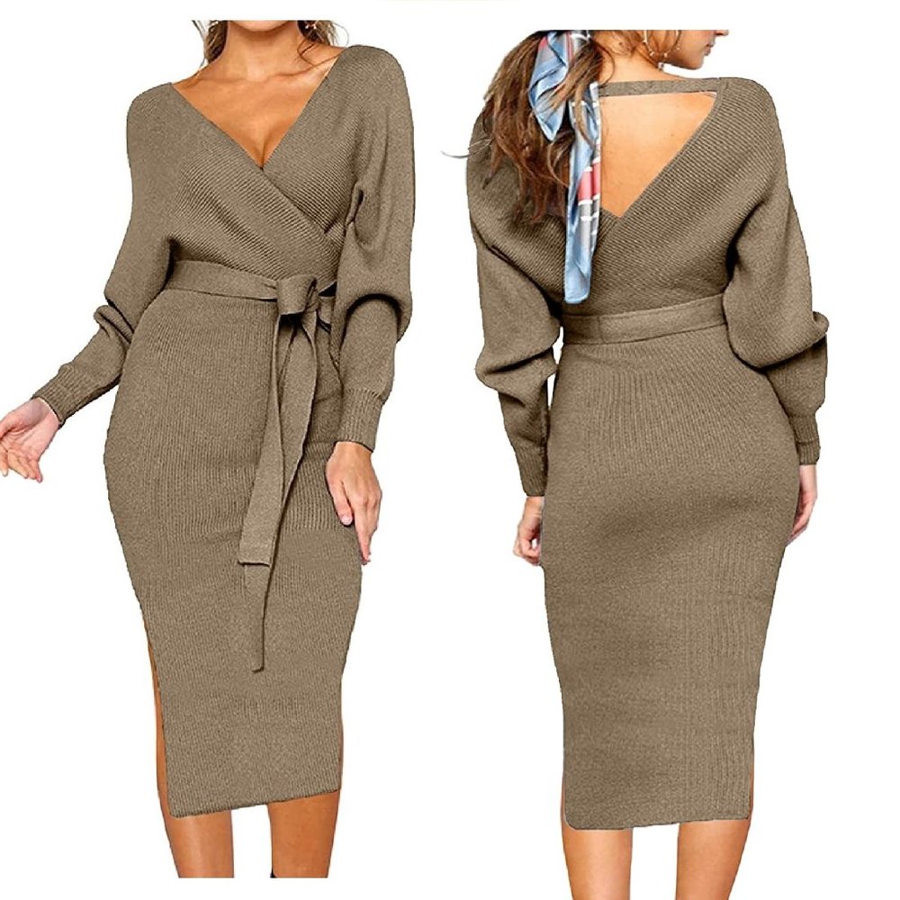CHERFLY Khaki Brown V Neck Batwing Long Sleeve Backless Sweater Dress